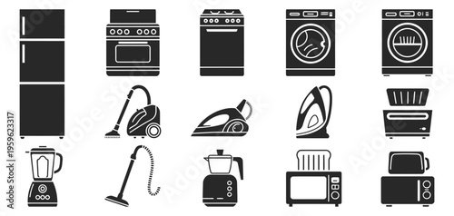 Household appliance icons, fridge oven cooker dishwasher blender home electronics symbols clean outline style vector