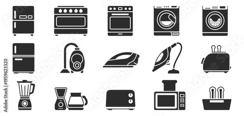 Household appliance icons, fridge oven cooker dishwasher blender home electronics symbols clean outline style vector