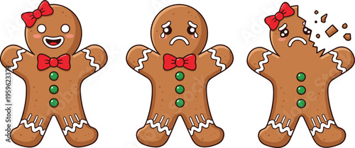 Gingerbread man emotions set with happy, sad, and broken cookie characters, festive Christmas dessert vector illustration for holiday humor and seasonal design