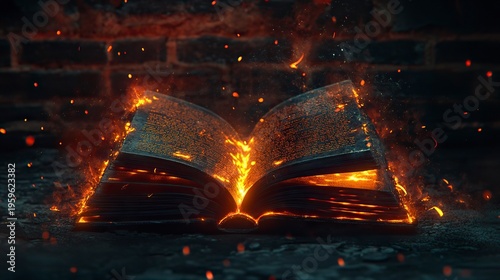 An open book with glowing pages on a dark background, magical lights and sparks flying from the pages, empty space for text in the center of the picture, a brick wall behind it, in the style of fantas