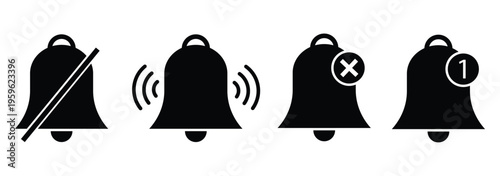 Notification bells icon, ringing bell with new alert, vector symbol for alarm clocks, smartphone app notifications, incoming messages, push alerts, and user interface design