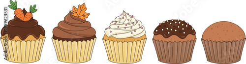 Cupcake collection with chocolate, cream, and sprinkle toppings, sweet bakery dessert vector illustration for cafe menu, pastry shop, and confectionery design