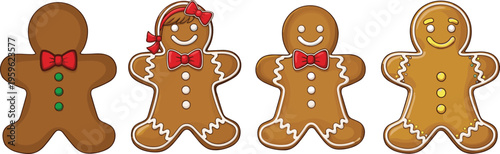 Gingerbread cookie characters set with icing decorations and bow ties, festive Christmas dessert vector illustration for holiday baking and seasonal design