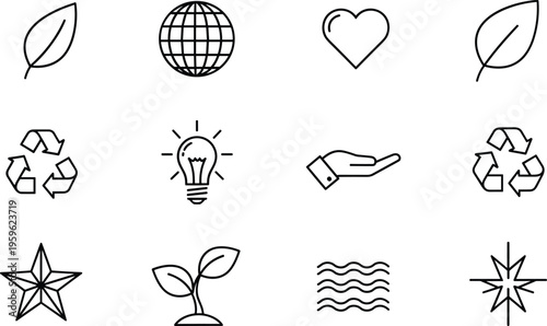 Eco sustainability icons, nature conservation, recycling, global awareness, innovation, energy, water, plant growth, heart care, environmental design, green illustration