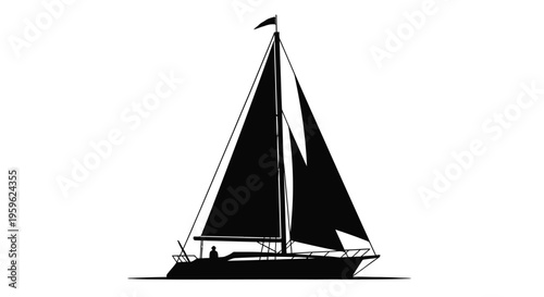 Silhouetted sailboat with raised sails against a stark white background