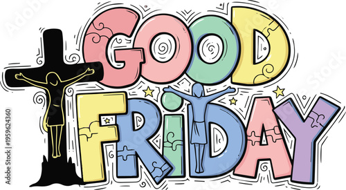 Good Friday Typography with Jesus Christ on Cross Silhouette and Puzzle Patterns; Colorful Doodle Vector Illustration for Christian Easter Celebration and Religious Commemoration.