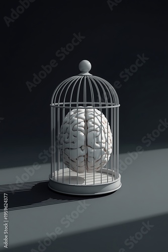 Human brain in a birdcage, symbolizing trapped thoughts or mental confinement, dark studio lighting, Mental Health