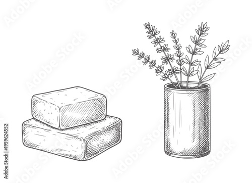 Hand drawn of two soap bars next to a vase with lavender sprigs