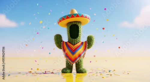 Cactus in sombrero and serape standing.