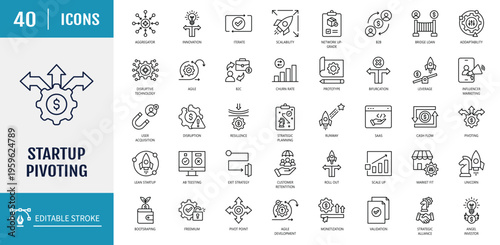 Startup pivoting icon set. Includes innovation, adaptability, iterate, disruption, bifurcation, agile icon. Outline icon set. Vector illustration with editable stroke
