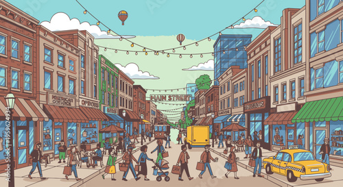 Illustration of a bustling city street with people walking, a yellow taxi, and buildings under a blue sky with hot air balloons and string lights.