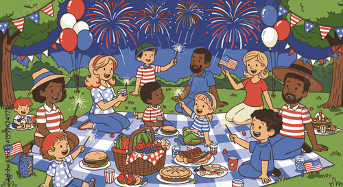 Diverse group of people having a picnic on a blanket with food and fireworks in a festive outdoor setting on a summer evening.
