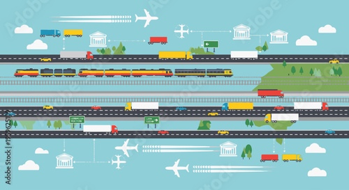 Illustration of a busy transportation scene with trains, trucks, ships, and airplanes on a light blue background with green land and white clouds.