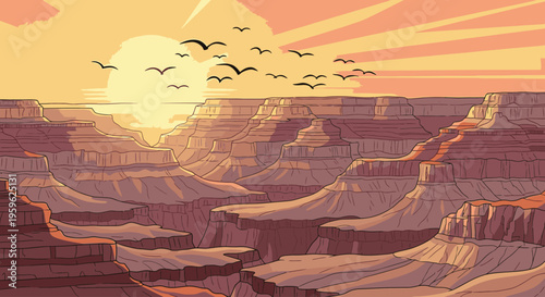 Digital illustration of a vast canyon landscape at sunset with a flock of birds flying across the vibrant orange sky.