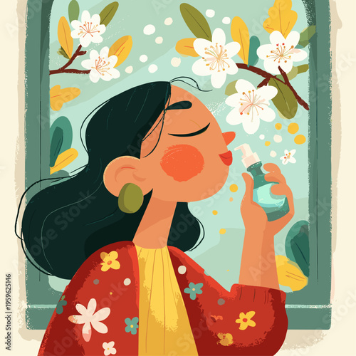 Woman Relieving Spring Allergies with Nasal Spray