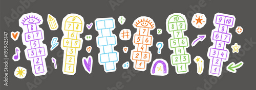 Vibrant chalk-drawn children's activity on asphalt surface. Numbered squares create classic outdoor recreation pattern with heart, star and arrow. Vector illustration.