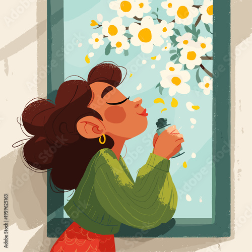 Woman Relieving Spring Allergies with Nasal Spray