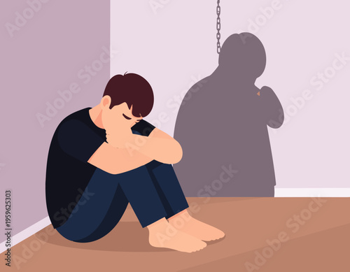 flat vector illustration of a person sitting in corner hugging knees,