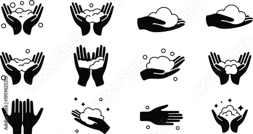 Hygiene icons, hand washing silhouettes with water bubbles sanitation concept black solid style vector