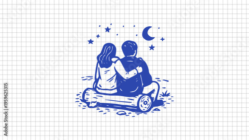 Hand drawn couple sitting by campfire under night sky with moon and stars, romantic camping doodle black outline vector isolated on white background