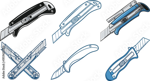 Utility knives vector illustration featuring box cutters, retractable blades, fixed blades, crossed knives design, stylized artwork, metallic details, and cutting tool icons