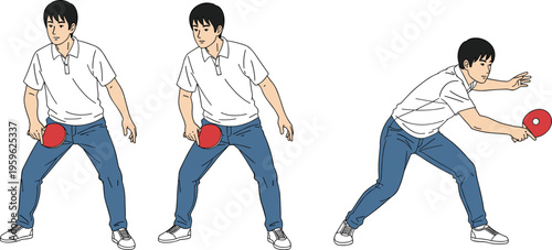 Table tennis player illustration set with ready stance and forehand action, young male athlete sports vector isolated on white background