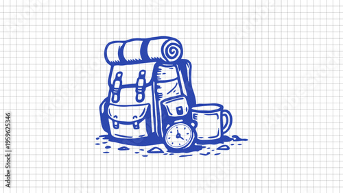 Hand drawn hiking backpack doodle with camping gear, mug and outdoor equipment, black outline vector isolated on white background