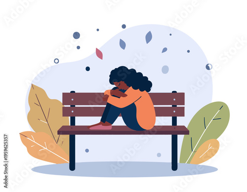 flat vector illustration of a person sitting alone hugging knees