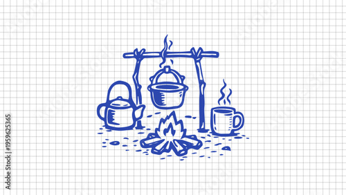 Hand drawn campfire cooking doodle with hanging pot, kettle and mugs, outdoor camping scene black outline vector isolated on white background