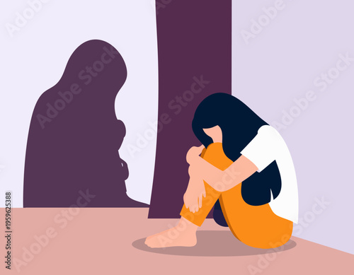 flat vector illustration of a person sitting in corner hugging knees