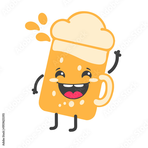 A cheerful cartoon beer mug with a smile and foam on a white background