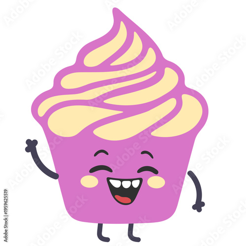 A cheerful cartoon cupcake with swirly frosting and a happy face
