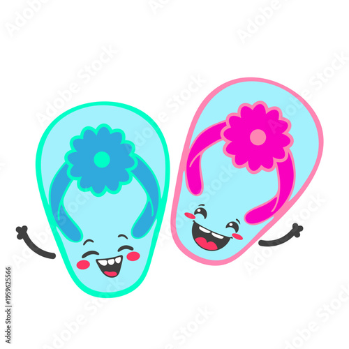 A colorful illustration of two smiling flip flops with flower designs