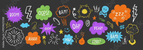 Comic explosion effect with colorful boom burst and cartoon bang elements, hand-drawn pencil sketch style with crayon or chalk texture. Vector illustration.