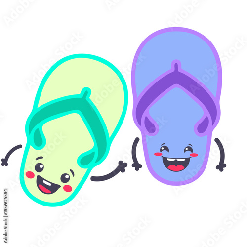 A colorful illustration of two cartoon flip flops with smiling faces