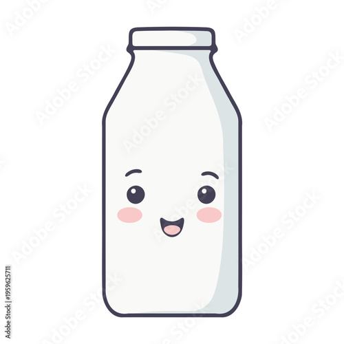 A cute cartoon milk bottle with a smiling face and rosy cheeks