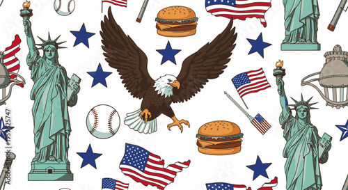 Flat lay illustration of various American icons including the Statue of Liberty, American flags, bald eagle, burgers, and baseballs on a white background.