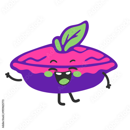 A cute cartoon beetroot character with a smiling face and green leaves on top