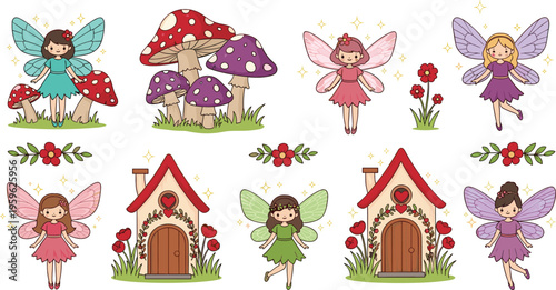Whimsical fairyland vector illustration with colorful fairies, fantasy houses, magical mushrooms, vibrant flowers, enchanting wings, playful poses, and charming cartoon design