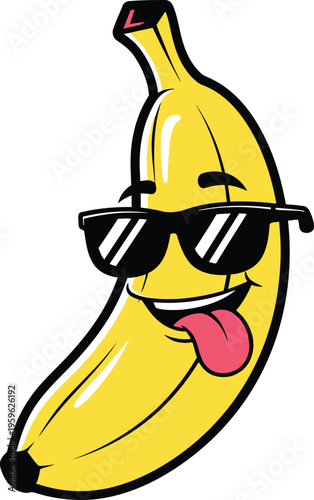 Smiling banana with sunglasses and tongue out cartoon