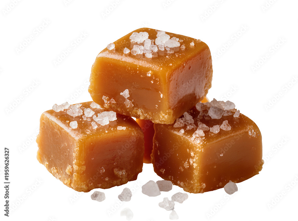 Fototapeta premium Delicious gourmet salted caramel candies, stacked and glistening with sea salt crystals, perfectly isolated PNG on transparent background