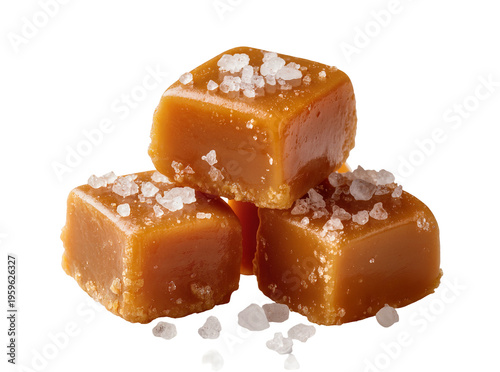Delicious gourmet salted caramel candies, stacked and glistening with sea salt crystals, perfectly isolated PNG on transparent background