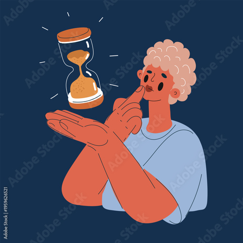 Cartoon vector illustration of woman holding hourglass in hand, concept of time, reflection and patience