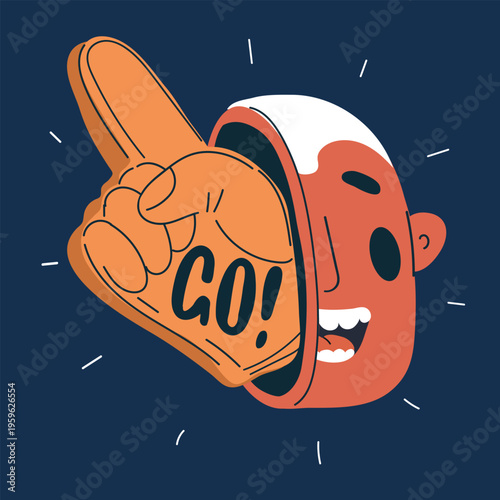 Cartoon vector illustration of foam hand with index finger up and GO sign inside head, concept of motivation, decision and positive mindset