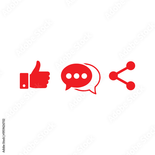 Red social media icons depicting like, comment, and share functions are isolated against a pure white background for digital use.
