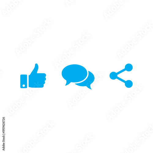 Bright blue icons clearly illustrate like, conversation, and digital sharing concepts horizontally aligned on white.