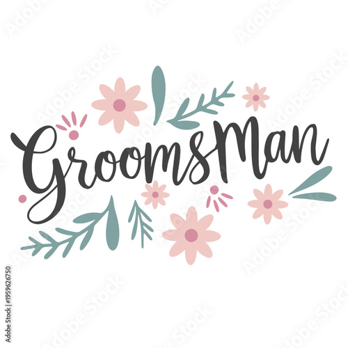 A minimalist vector graphic illustration of a groomsman logo with flowers and leaves