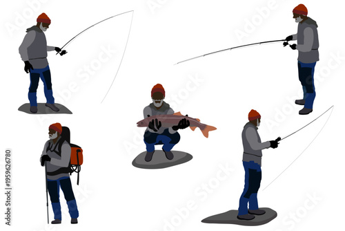 Fishing sport and hobby, traveling, set of fisherman. Vector illustration	
