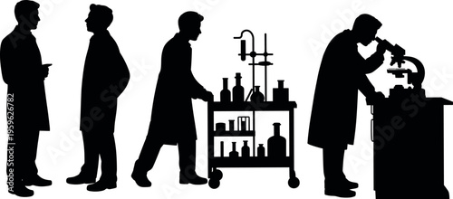 Scientist silhouettes collection showing researchers in laboratory, conducting experiments with equipment and microscope, science research, chemistry analysis and medical innovation concept