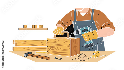 Crafting with Precision: A carpenter meticulously works on a wooden project, focused on skill and precision.